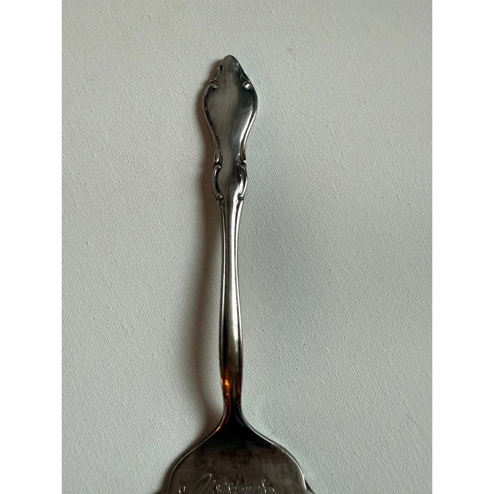 Vintage Christmas Greetings Silver Tone Pie Cake Server Holiday Bells Engraved